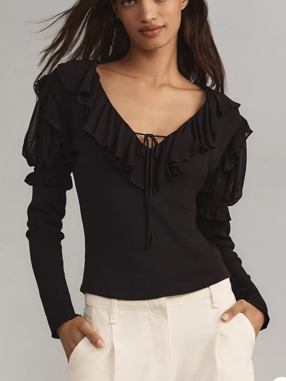 By Anthropologie Long-Sleeve Ruffle Top black size X-large